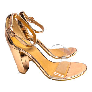 Metallic Rose Gold Womens Size 7 Ankle Strap Sandals Clear Strap Block Heels